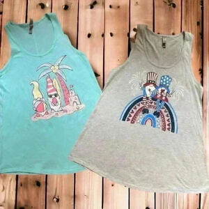 Gnome Tanks Set of 2 Adorable Teal and Gray Tanks Sz Large Tropical/Patriotic.